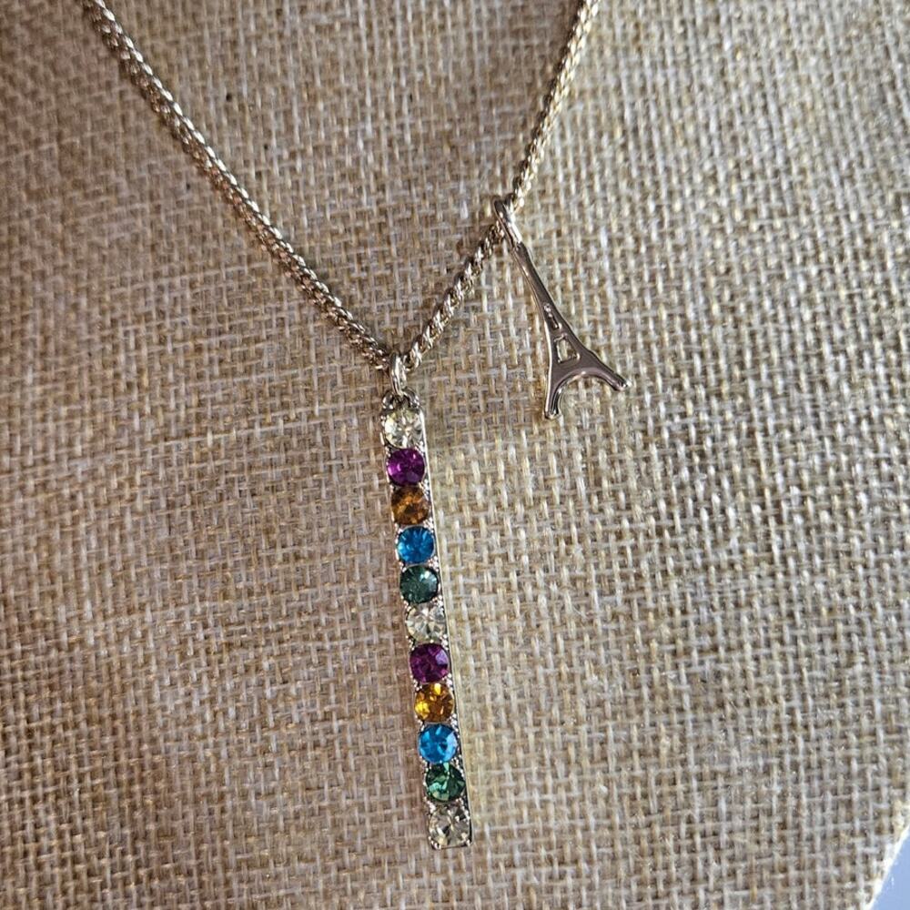 Karl Lagerfeld Paris Eiffel Tower Crystal Bar Necklace Gold Tone NWT Rare